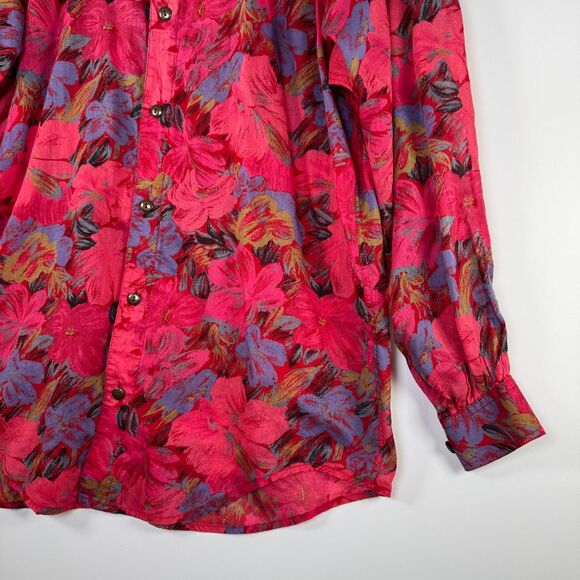 Vintage LizWear Womens Button Up Blouse Small Red Pink Floral Cotton 80s 90s - Picture 3 of 15